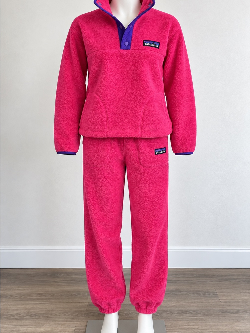 Patagonia Kids 14 Pink Fleece Matching Set Snap Pullover Pants Retro